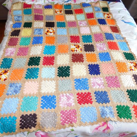 VTG Hand Crochet Knit Multi Colour Granny Square 48" x 58" Afghan Throw Blanket - Picture 2 of 8